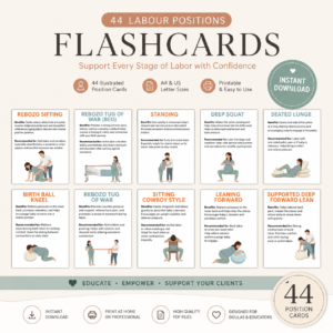44 Labour Positions Flashcards | Printable Birth Support Cards for Doulas
