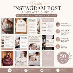 Doula Instagram Post Templates Bundle | 50 Editable Canva Social Media Templates