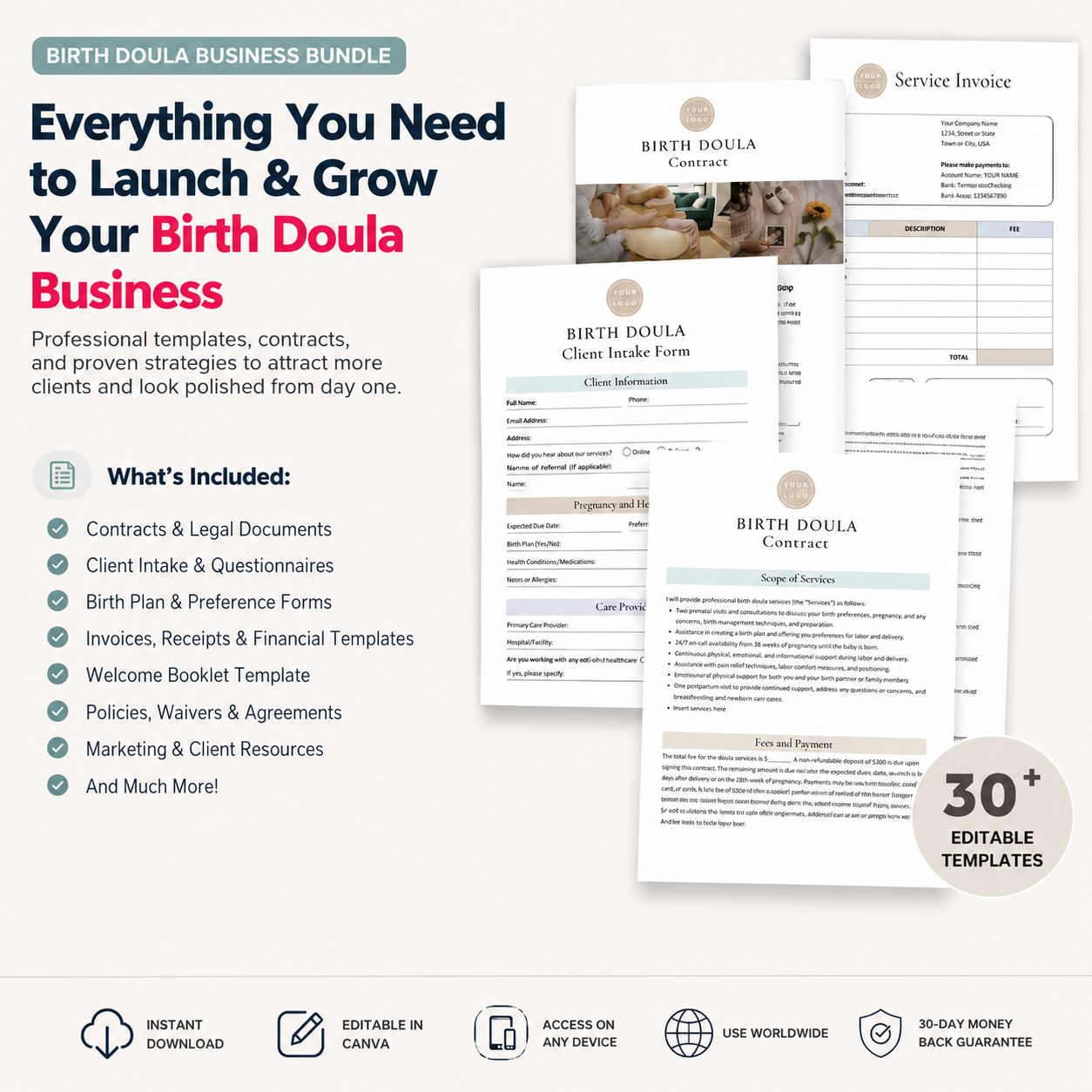 Birth Doula Business Bundle | 30+ Editable Templates, Contracts & Client Forms - Image 2