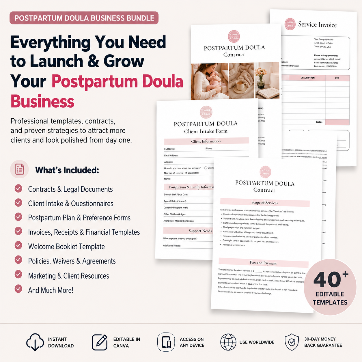 Postpartum Doula Business Bundle | 40+ Editable Templates, Contracts & Client Forms - Image 2